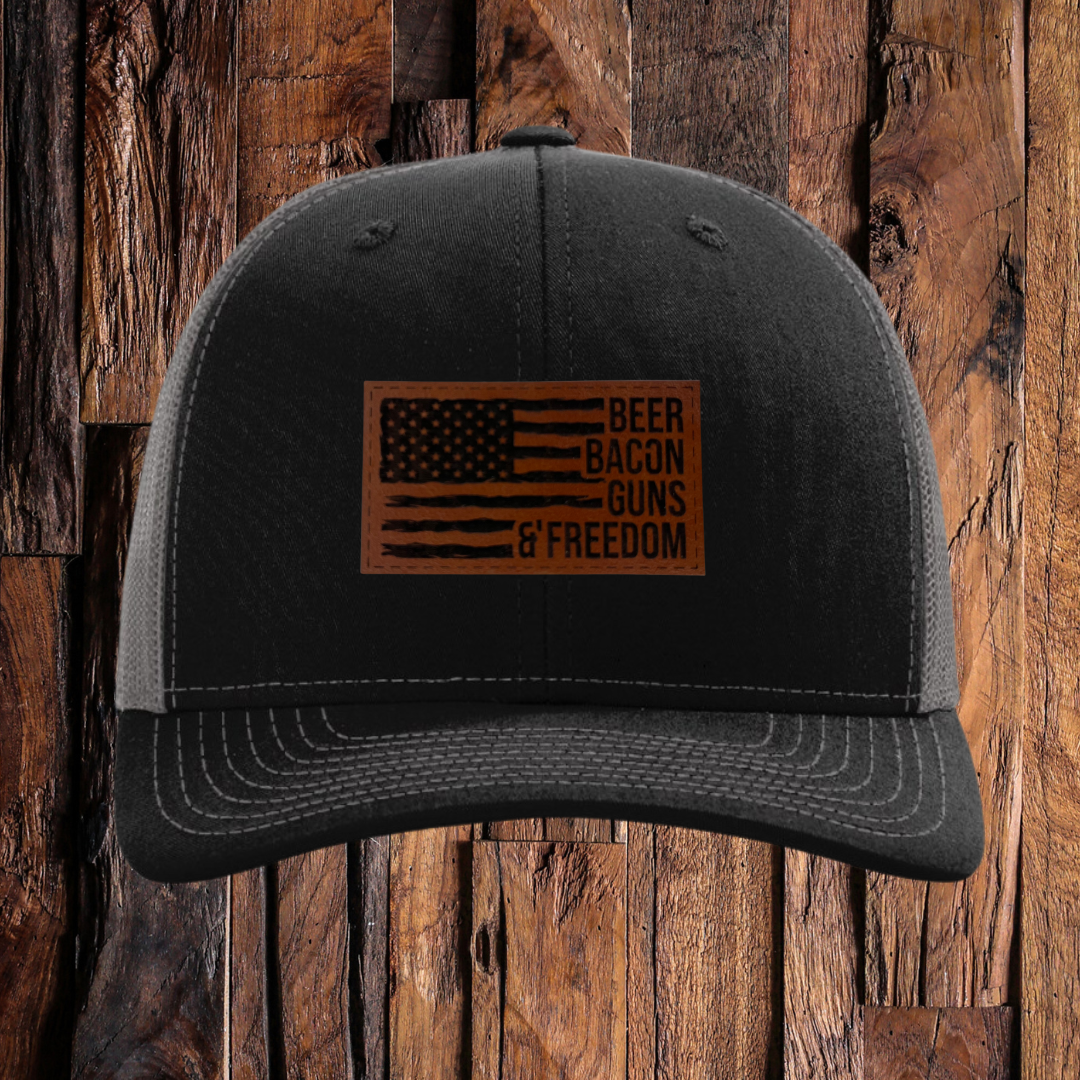 beer bacon guns freedom leather patch in the middle of a black charcoal hat